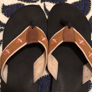 J Crew canvas fleur de lis flip flops SZ 9